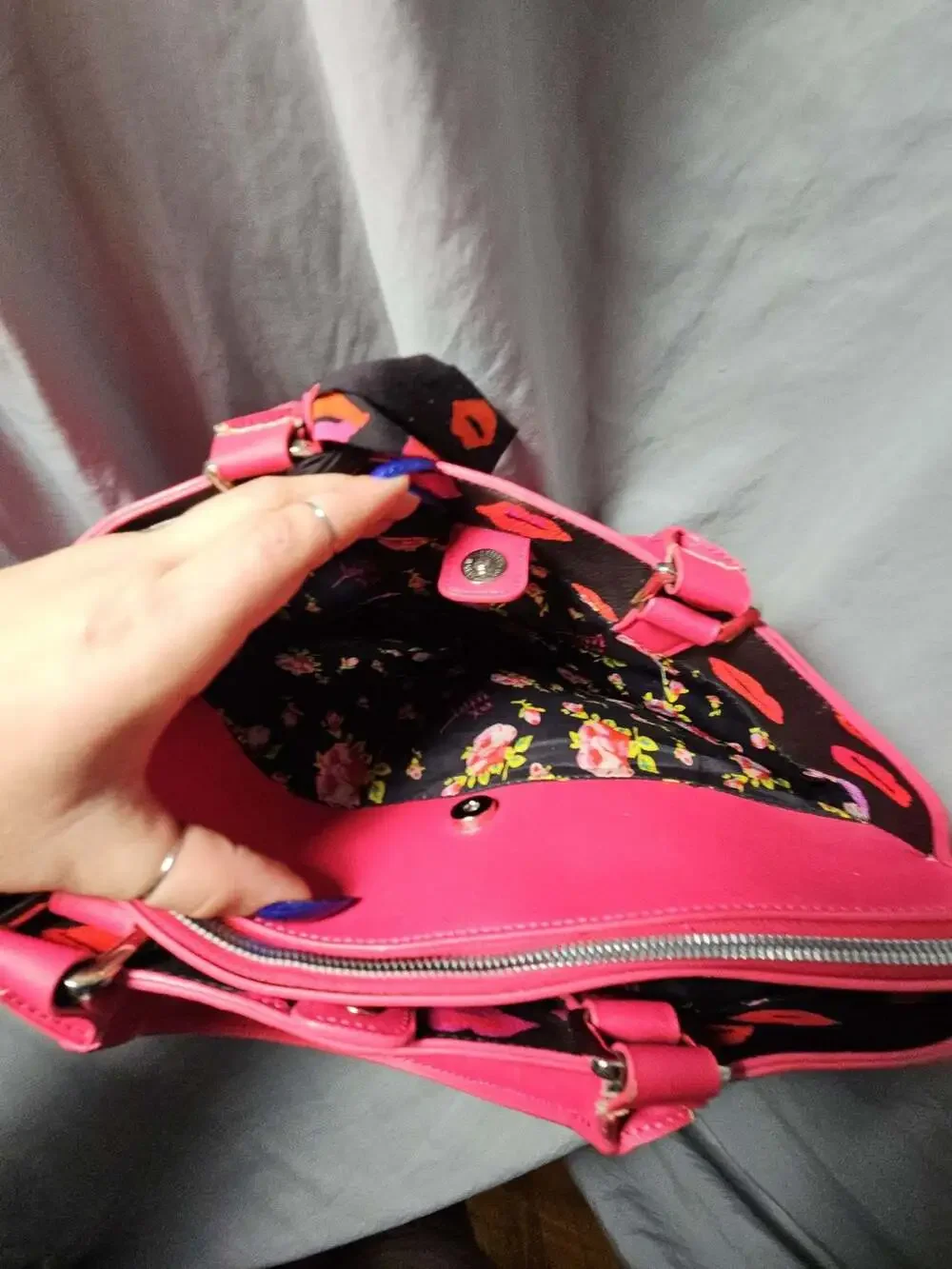 Betsey Johnson Hot Pink Satchel with Embossed Hearts and Lips Print Scarf